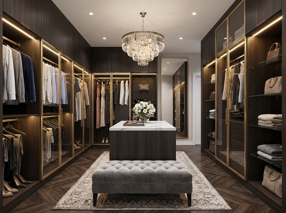 A deep walk-in custom closet wth a pretty chandelier