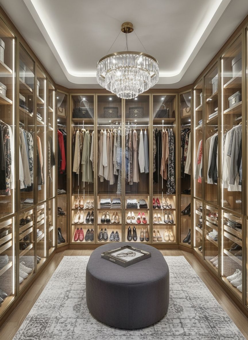 A custom walk-in closet with many glass doors and lighting in Sarasota, FL