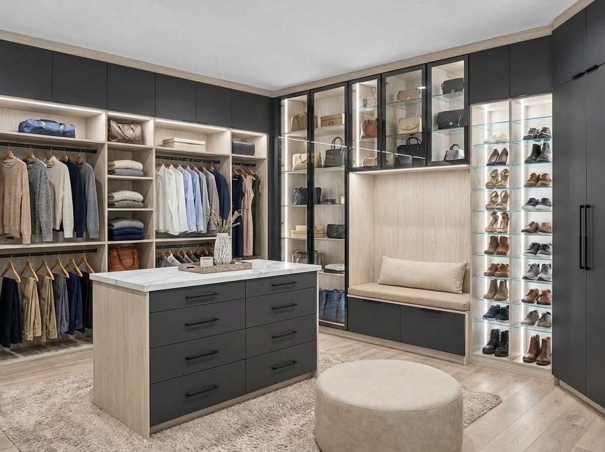 A custom walk-in closet with bluish color in Sarasota, FL, with a center island