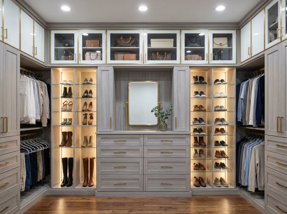 A finished, grey, custom reach-in closet in Sarasota, Florida