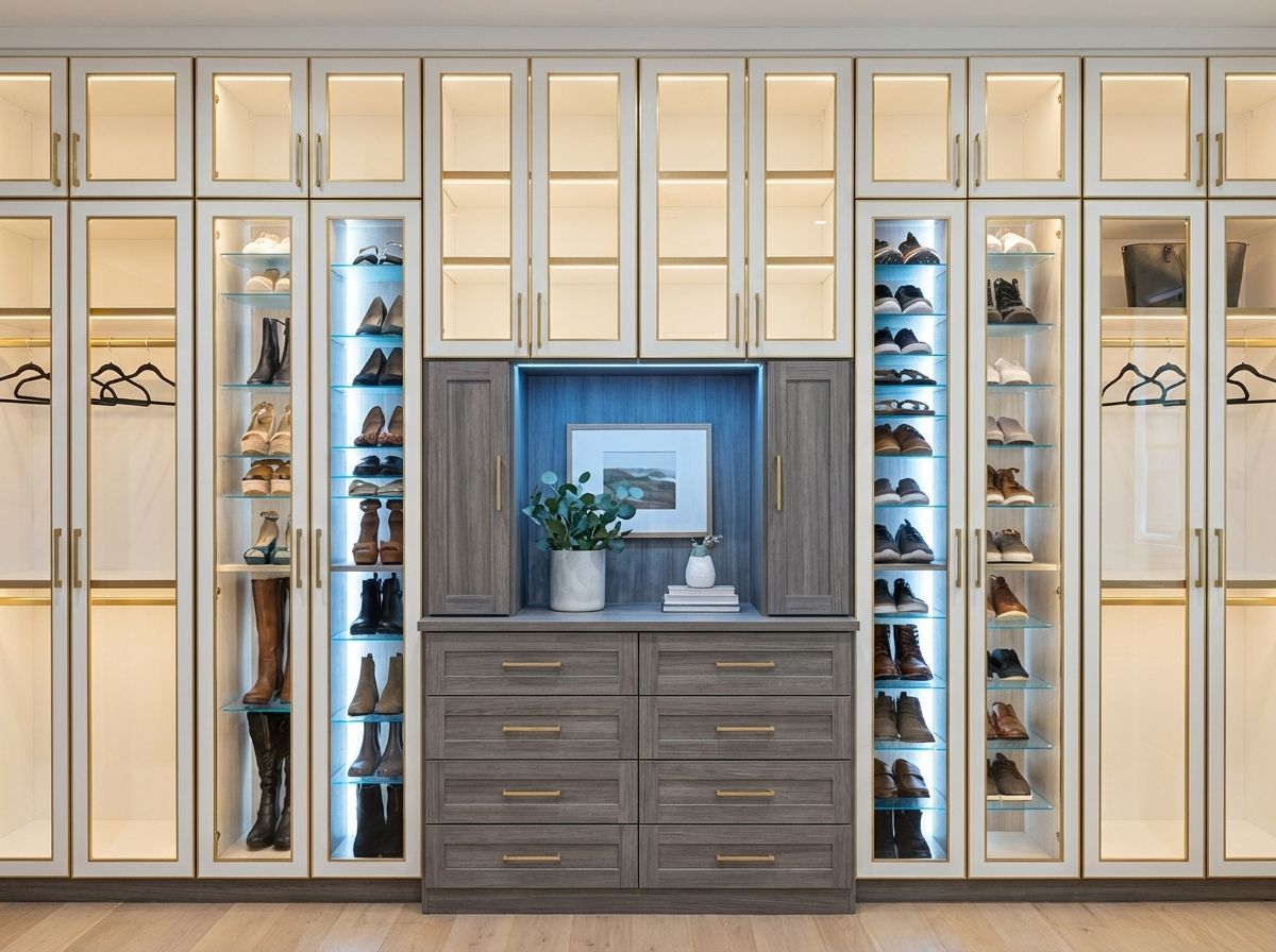 A custom-reach-in closet with shoes in the shoe racks but the rest is relatively empty