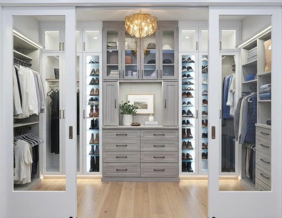 A grey custom reach-in closet with gorgeous chandelier, in Sarasota, FL