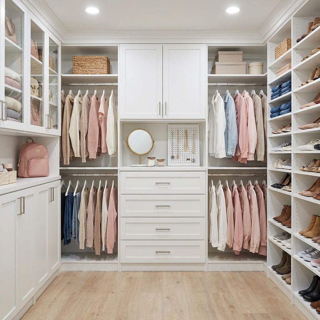 A lighter-colored custom walk-in closet, made possily for a woman