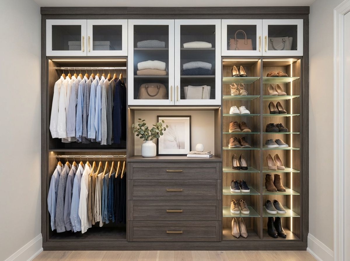 A custom closet in Sarasota with men and women's shoes and other clothes