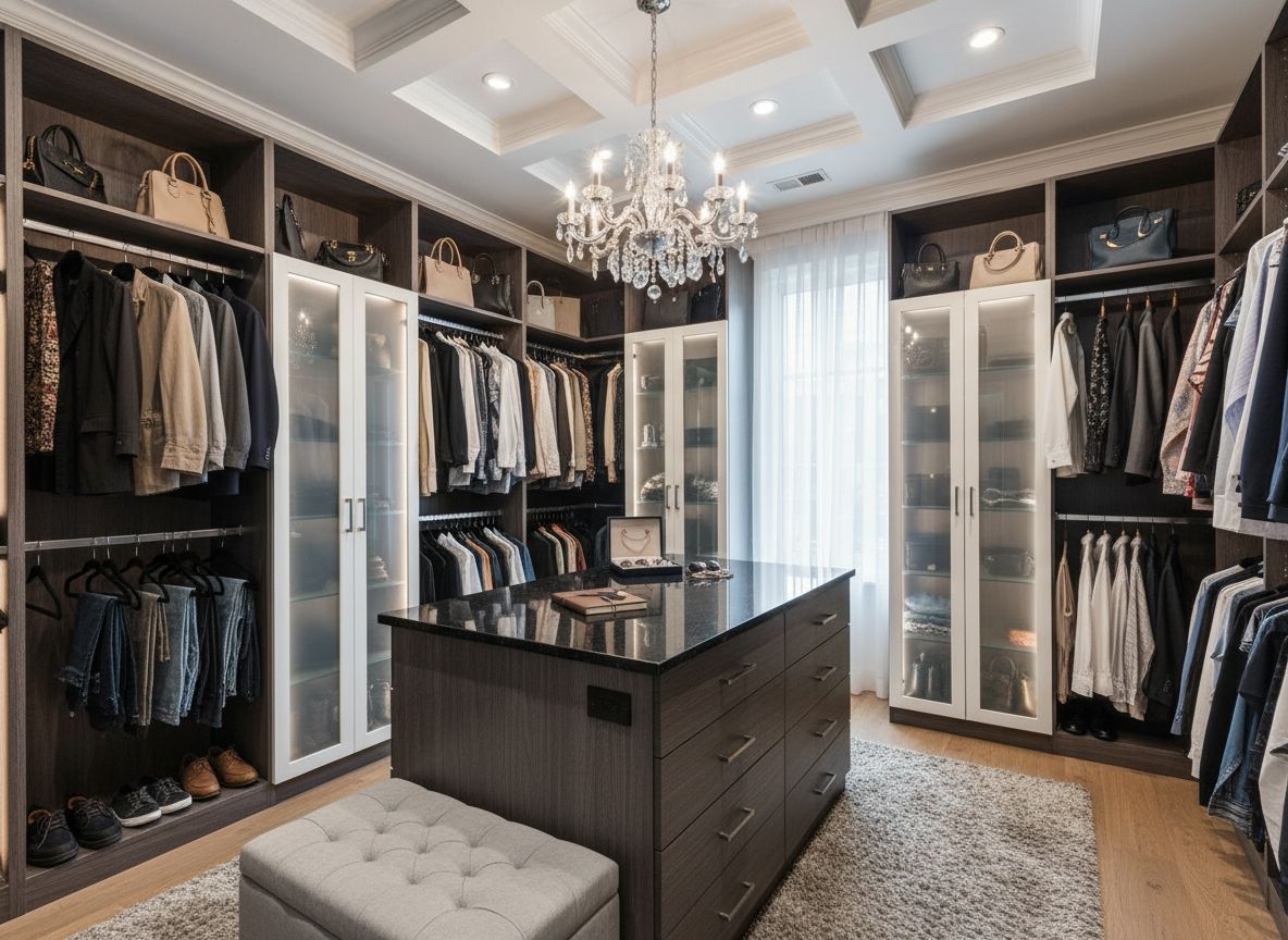 A nice custom walk-in closet with a center island and opulent chandelier hanging from the ceiling.