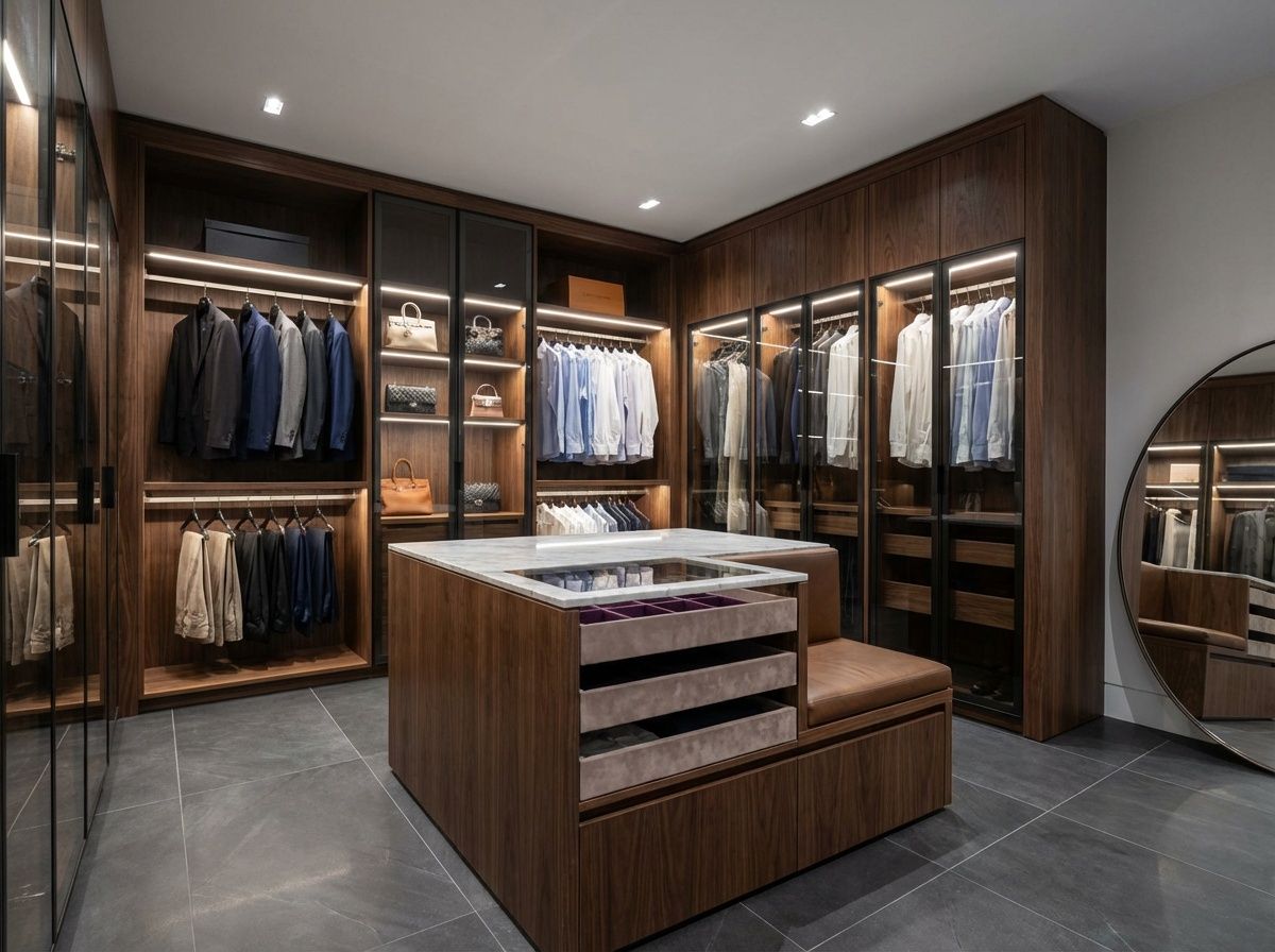 A custom walk-in closet in Sarasota with an interesting island in the center