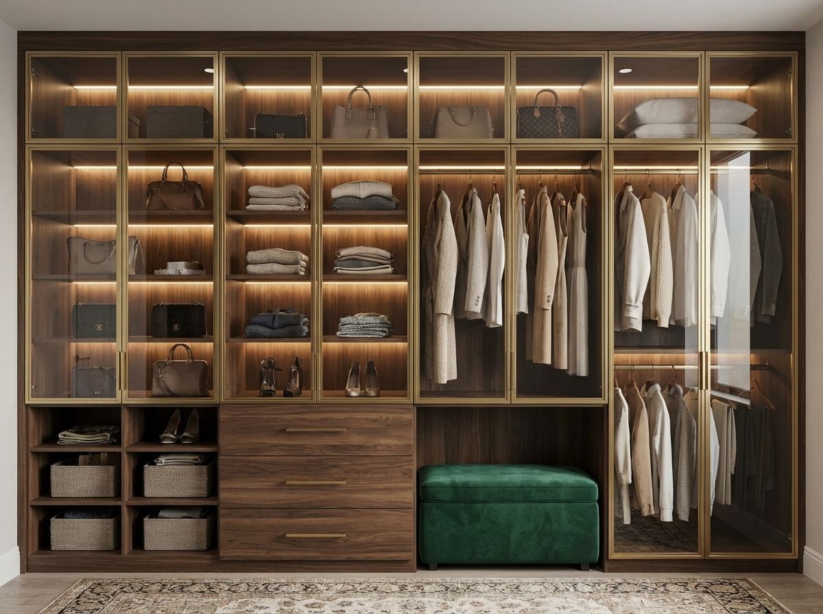 A custom reach-in closet with a lot of glass and custom lighting