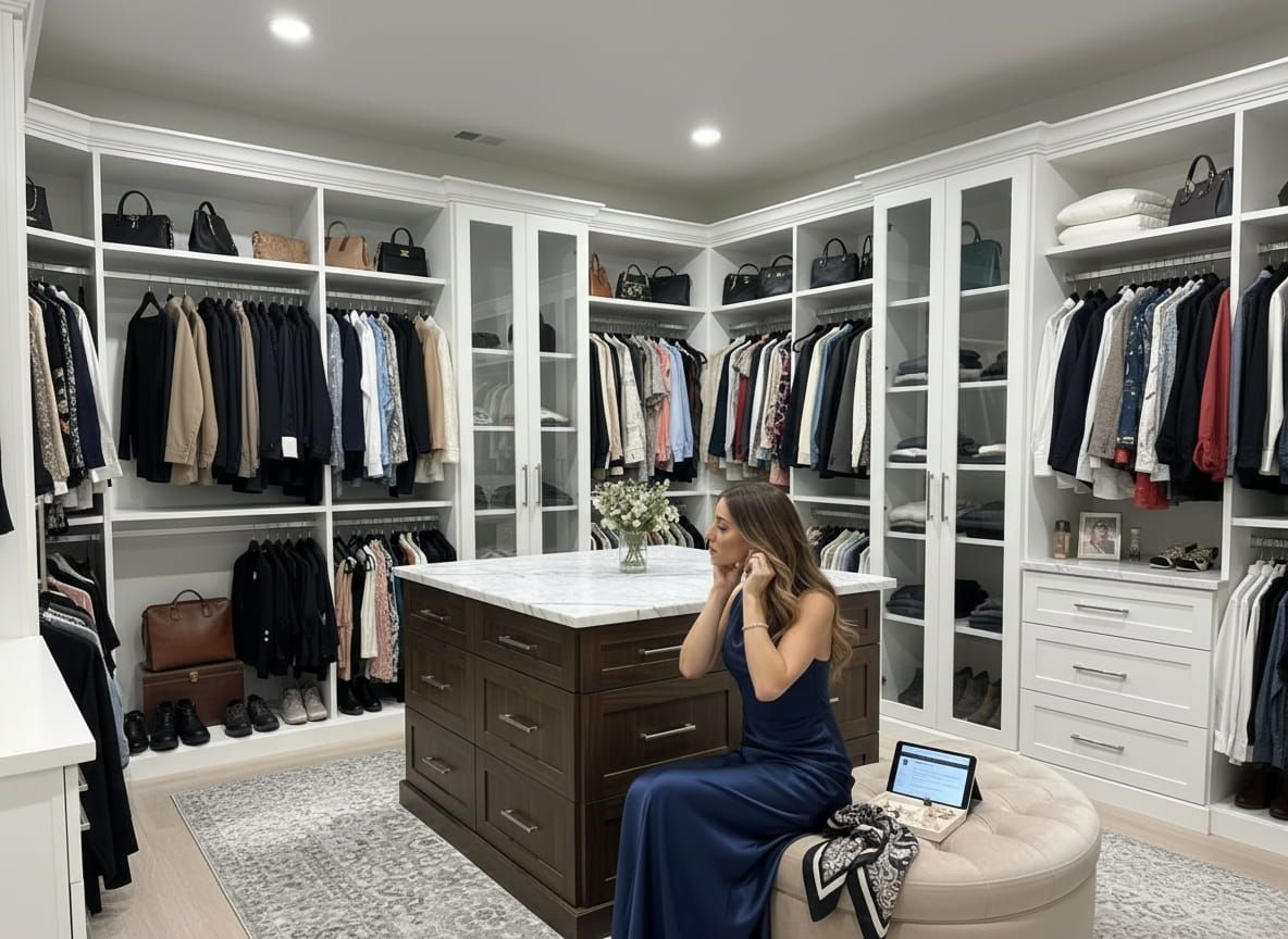 a woman changing her earrings in her custom walk-in closet in Lakewood Ranch, Florida