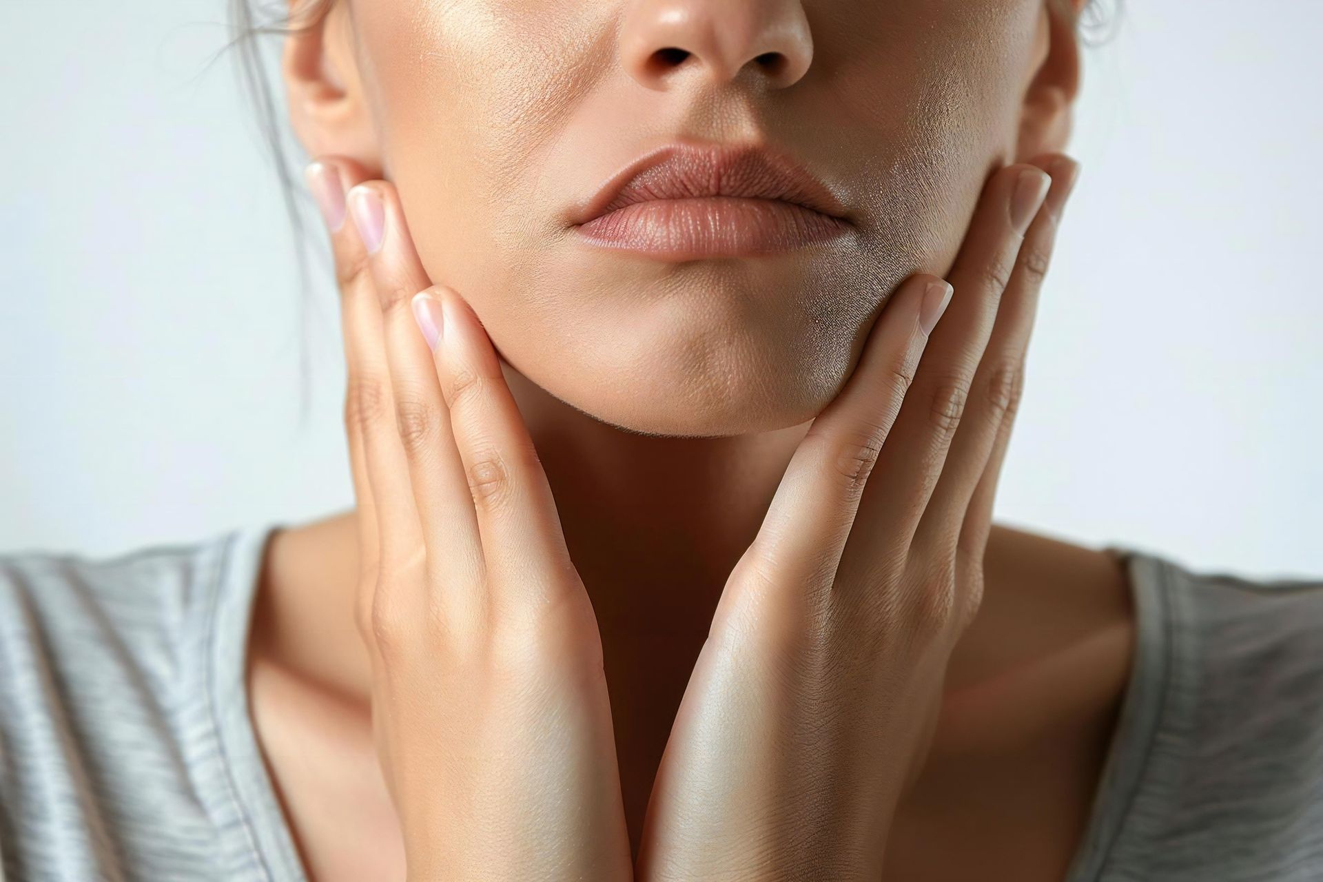 A woman is holding her face with her hands because she has a toothache.
