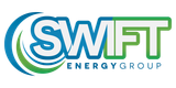 Logo for Swift Energy Group, blue and green text with a swirling design.