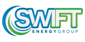 Logo for Swift Energy Group, blue and green text with a swirling design.