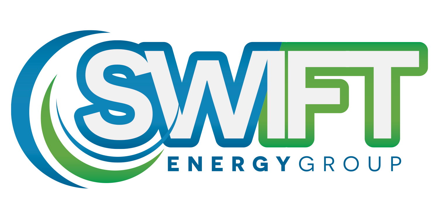 Logo for Swift Energy Group, blue and green text with a swirling design.