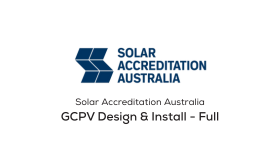 Solar Accreditation Australia logo, blue and white, with text 