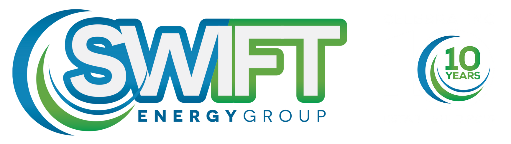 SWIFT Energy Group logo in blue and green with “10 Years” emblem