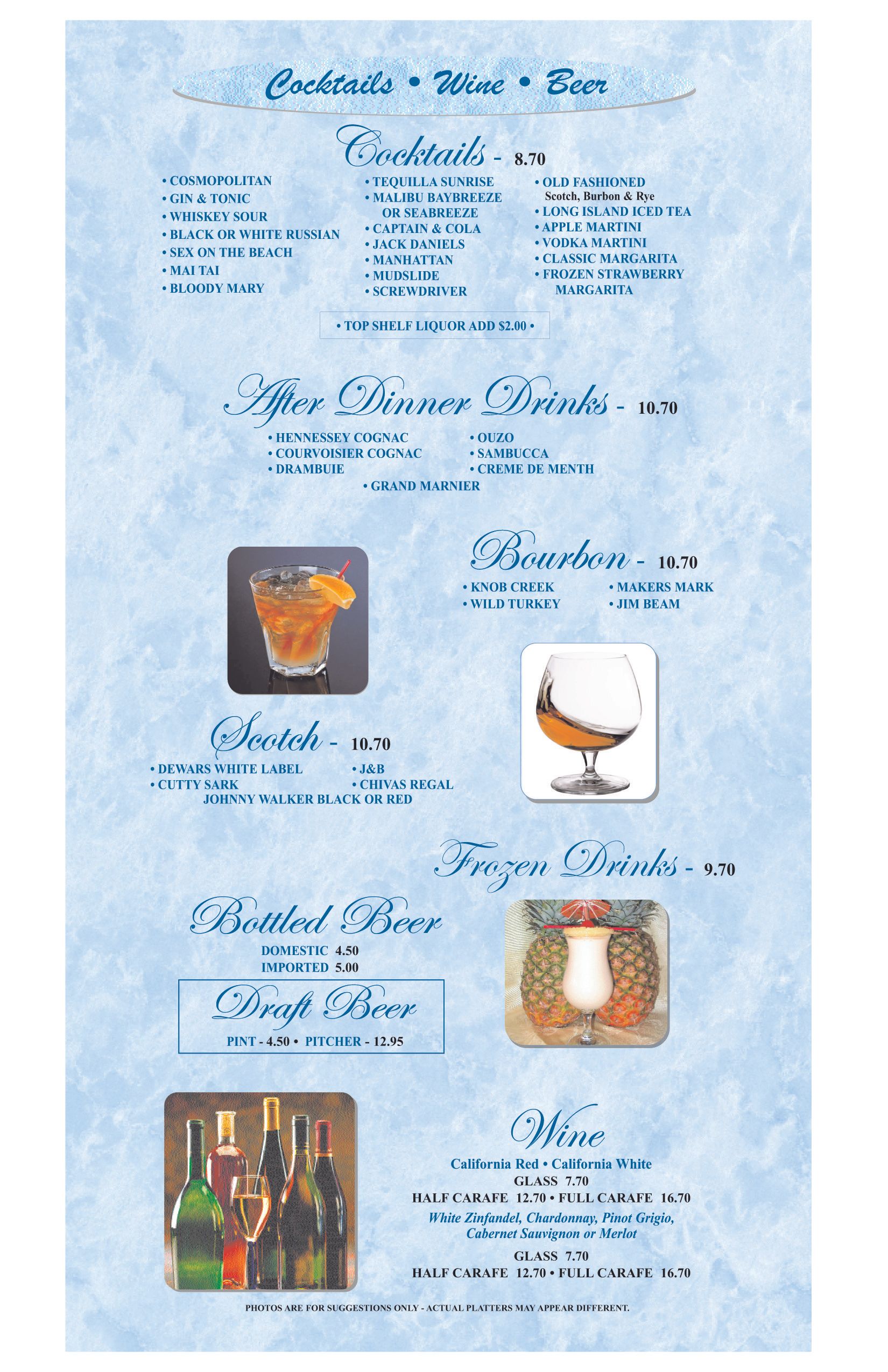 Cocktails, wine, beer menu