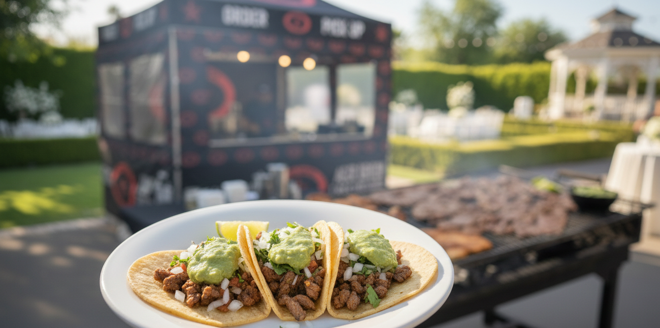 Tacos on a plate in front of a food cart, with a grill and gazebo in the background.