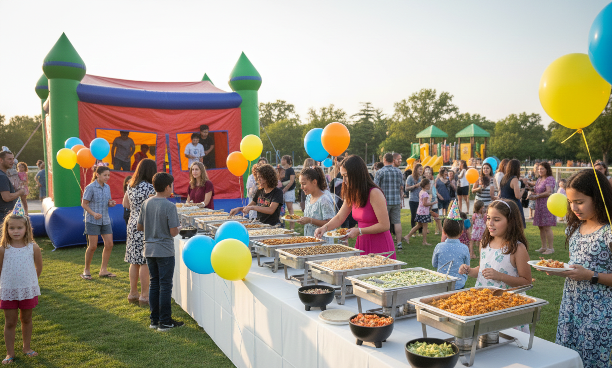 Outdoor party with food buffet, bouncy castle, and people gathering; balloons in the background.