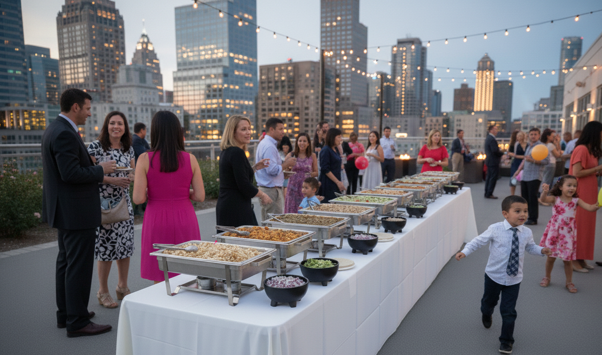Outdoor party with buffet tables and city skyline in the background. People mingle and children play.