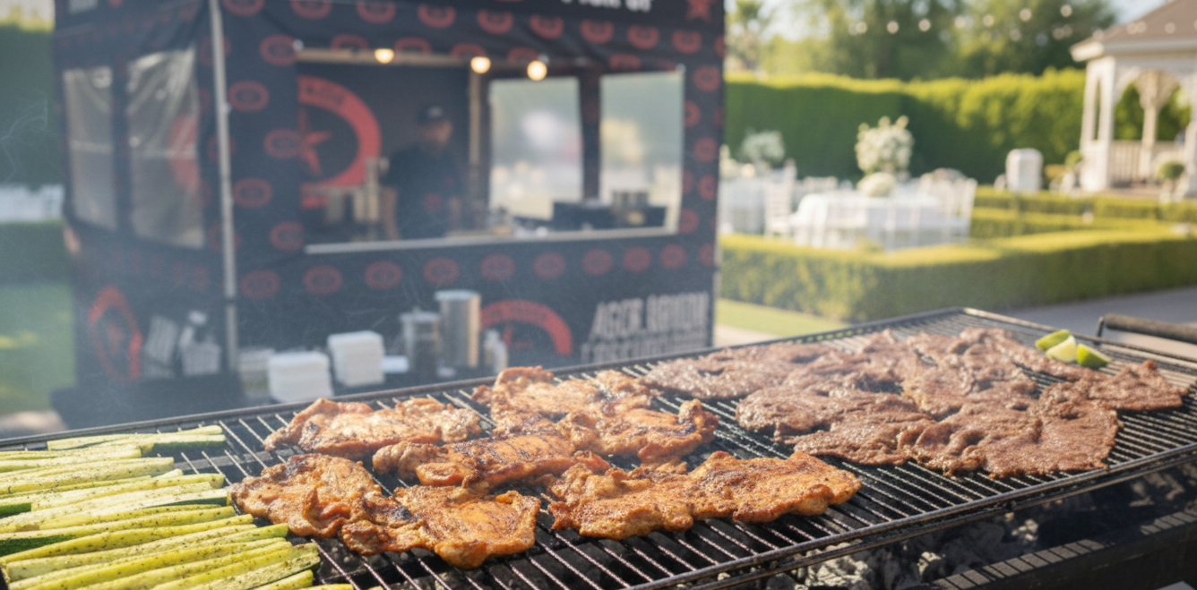 Grill with meat and vegetables, food truck in the background, outdoor setting.
