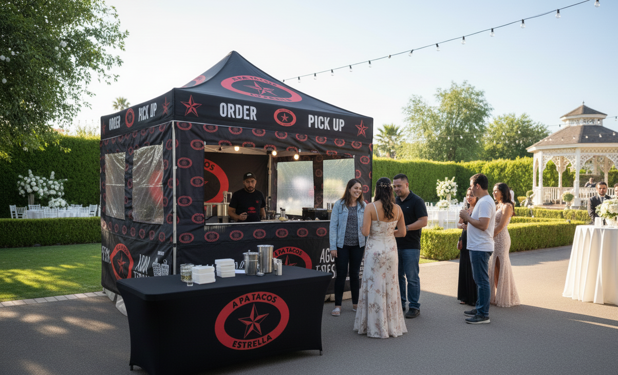Food service tent at an outdoor event; people ordering food.