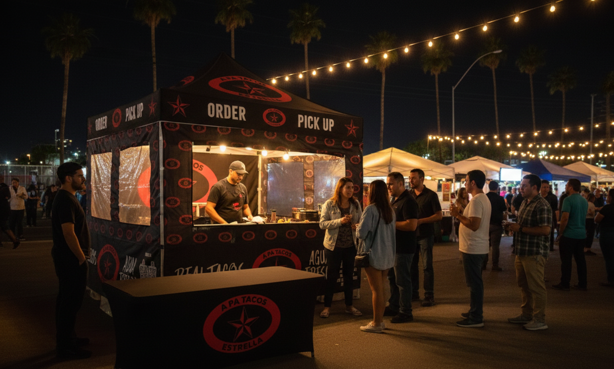 Food vendor booth at night market, people ordering and waiting in line, string lights overhead.