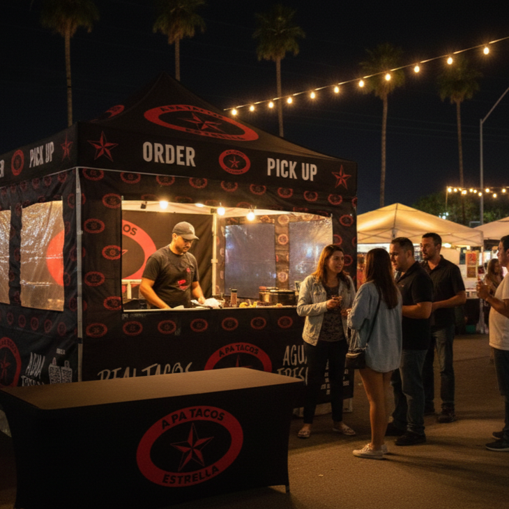 Food vendor at night market: people order, pickup food. Stall with black canopy, lights strung overhead.
