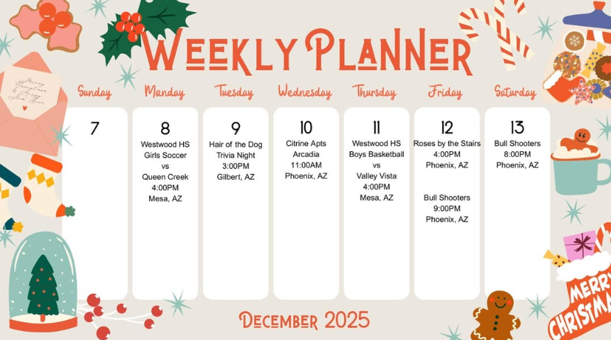 Christmas-themed weekly planner. Events listed for December 7-13, 2025. Holiday decorations frame the calendar.