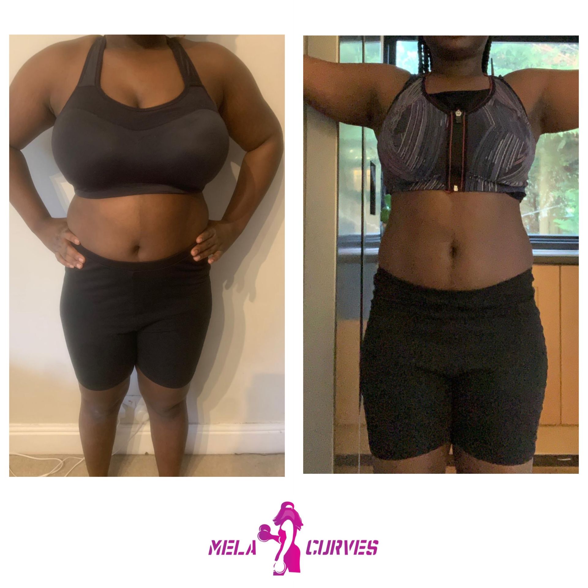A before and after photo of a woman with mela curves written on the bottom