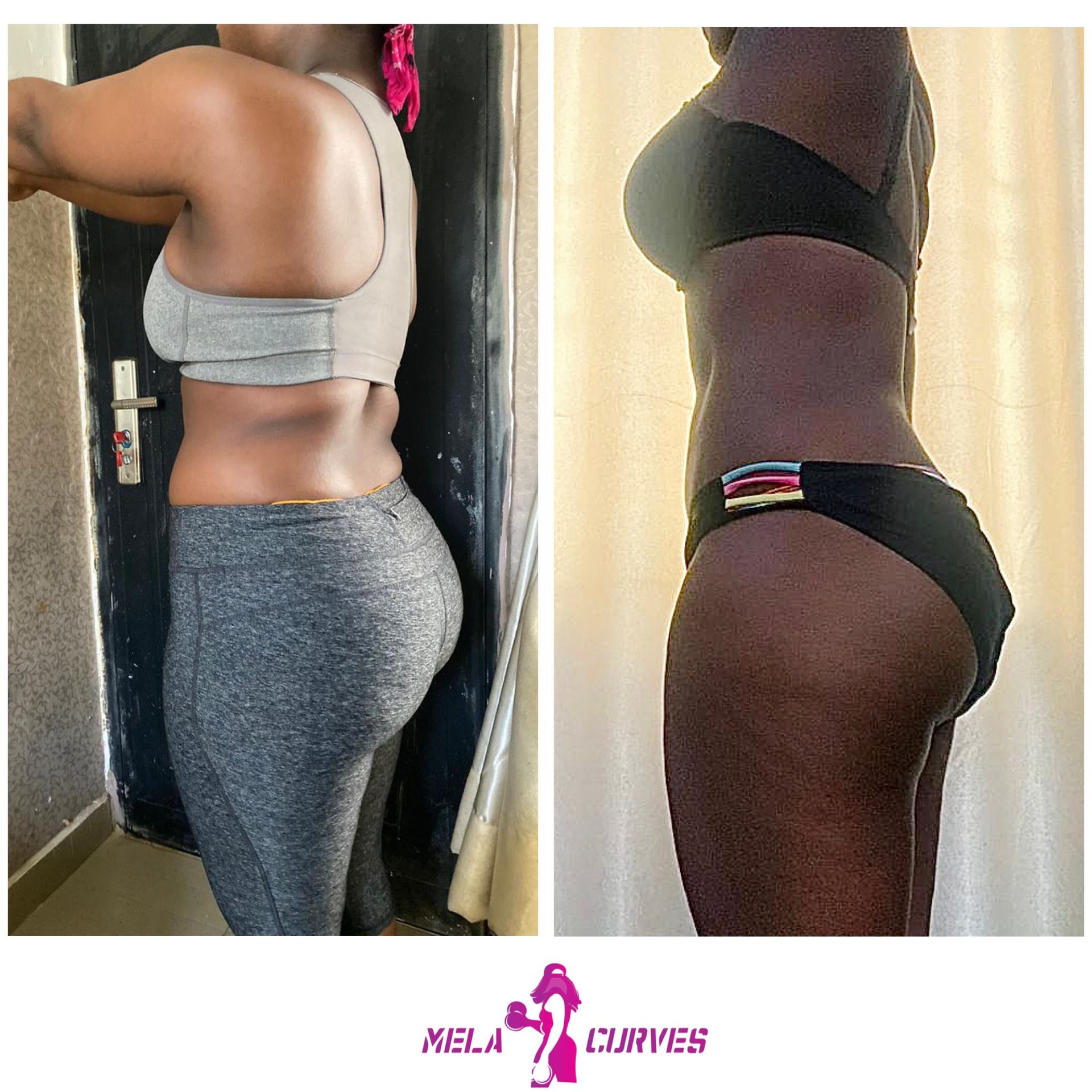 A picture of a woman 's back and a picture of a woman in a bikini