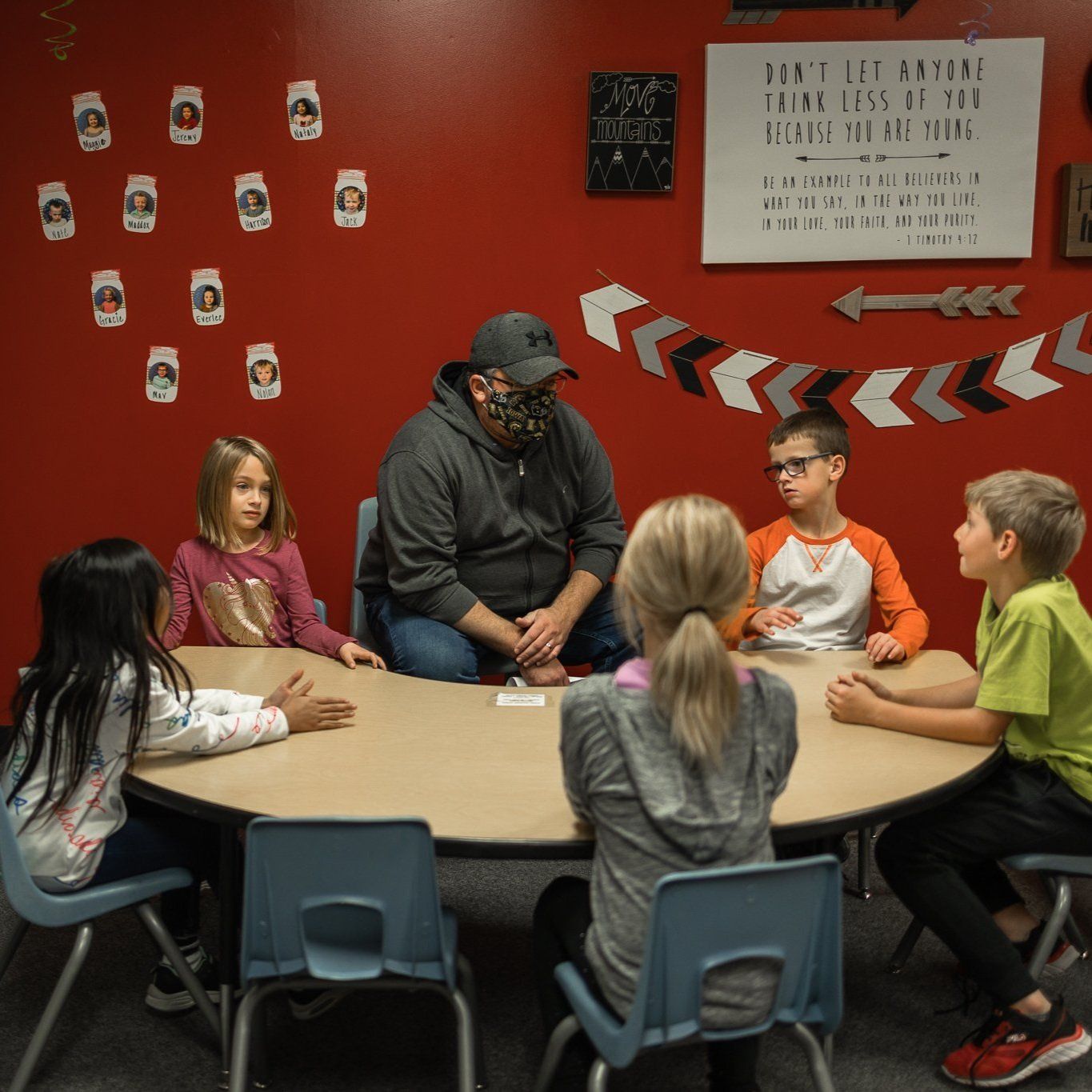 A group of children are sitting around a table