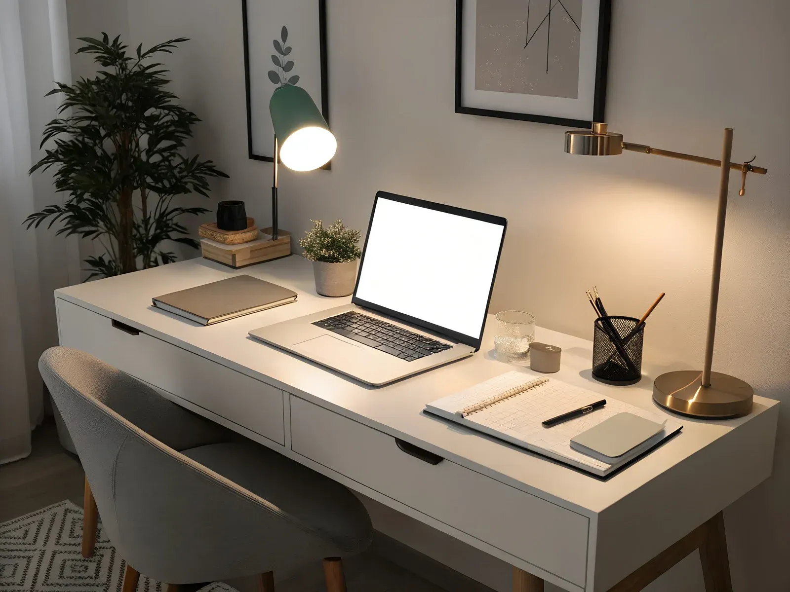 White desk with laptop, two lamps, and office supplies; home office.