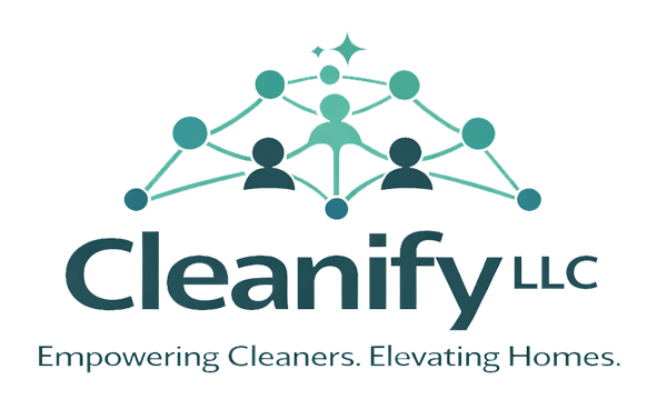 Logo for Cleanify LLC, featuring a teal network icon above the text "Cleanify LLC" and the slogan "Empowering Cleaners."