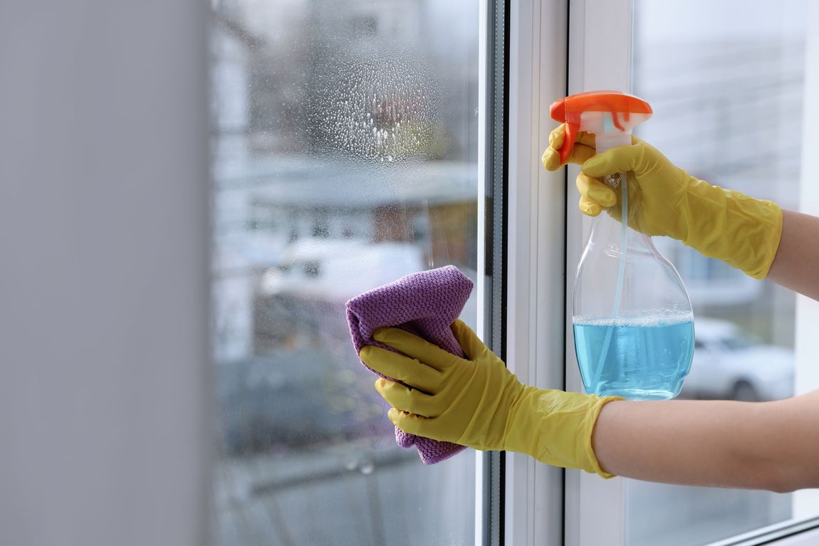 A person is cleaning a window with a spray bottle and a cloth.