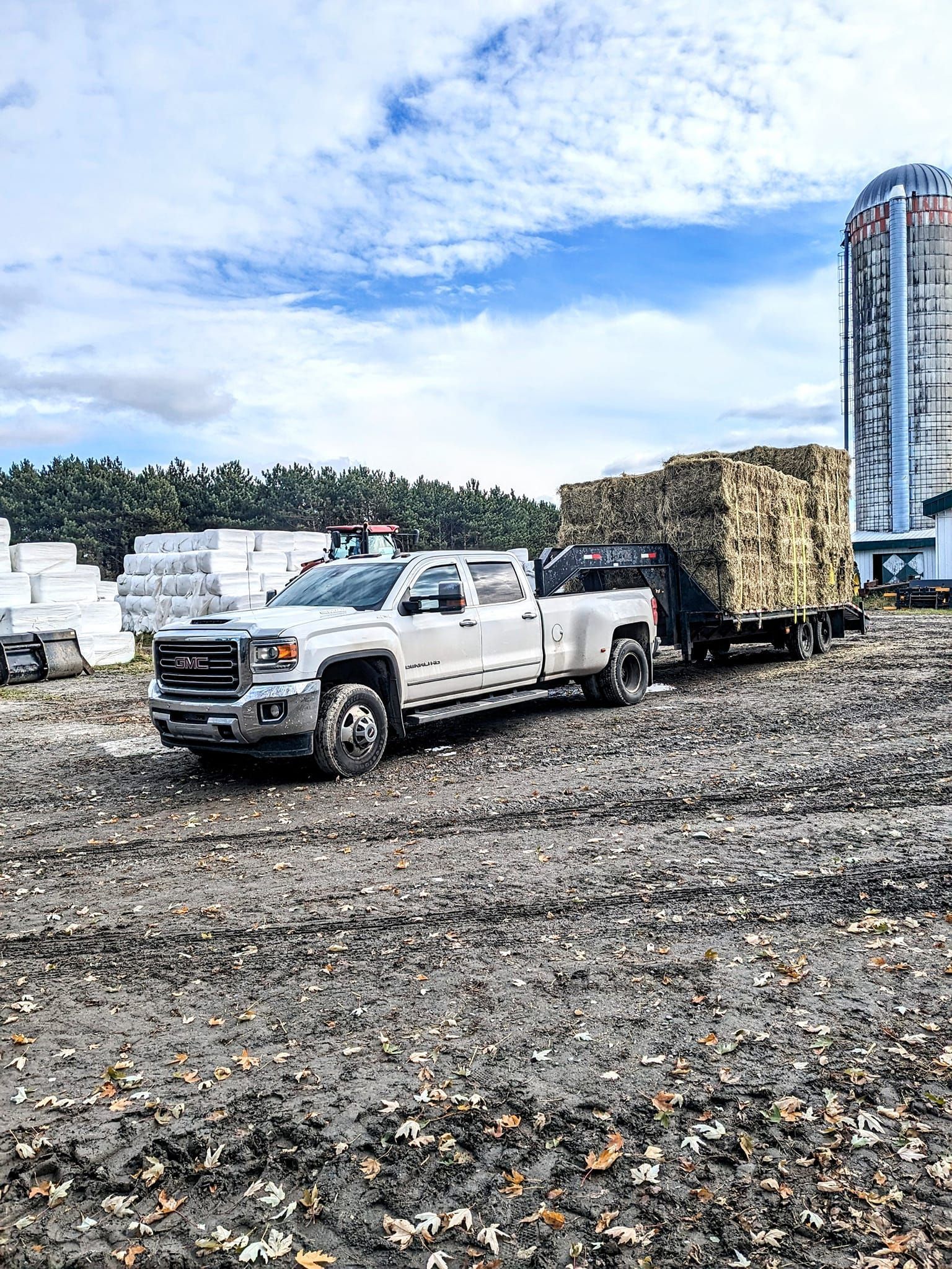 Un camion blanc tracte une remorque pleine de foin.