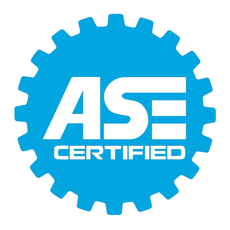 Blue ASE Certified gear-shaped logo with white text