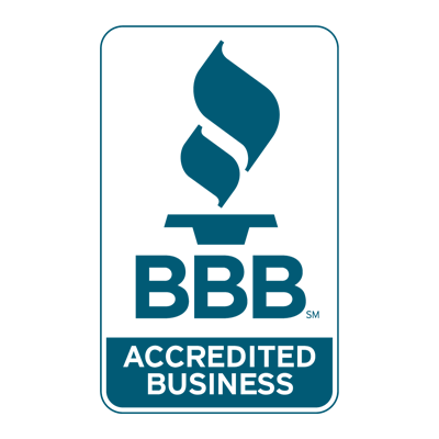 BBB Accredited Business logo in teal and white with flame icon and text.