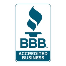 BBB Accredited Business logo in teal and white with flame icon and text.