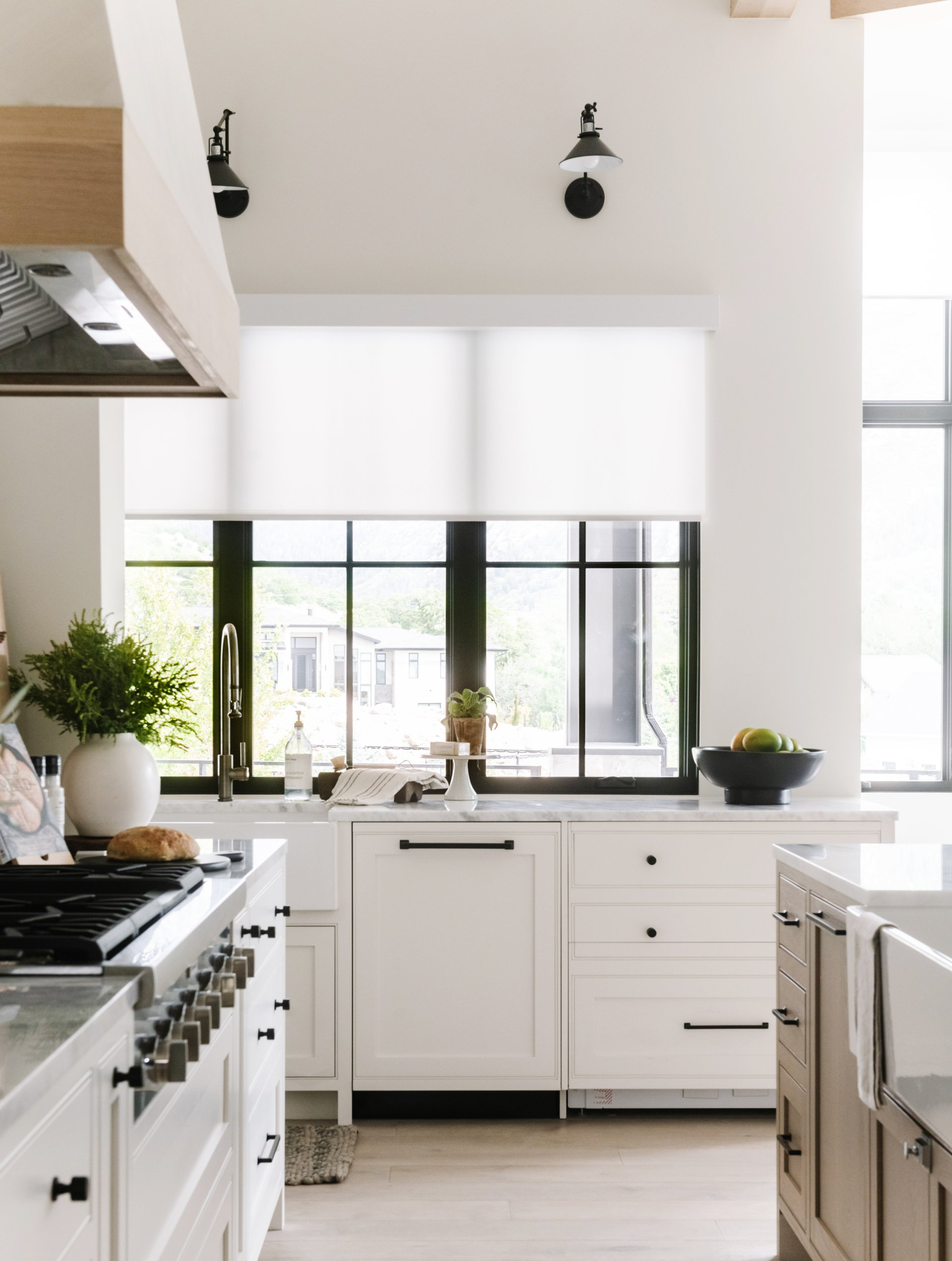White Roller Shades in Kitchen