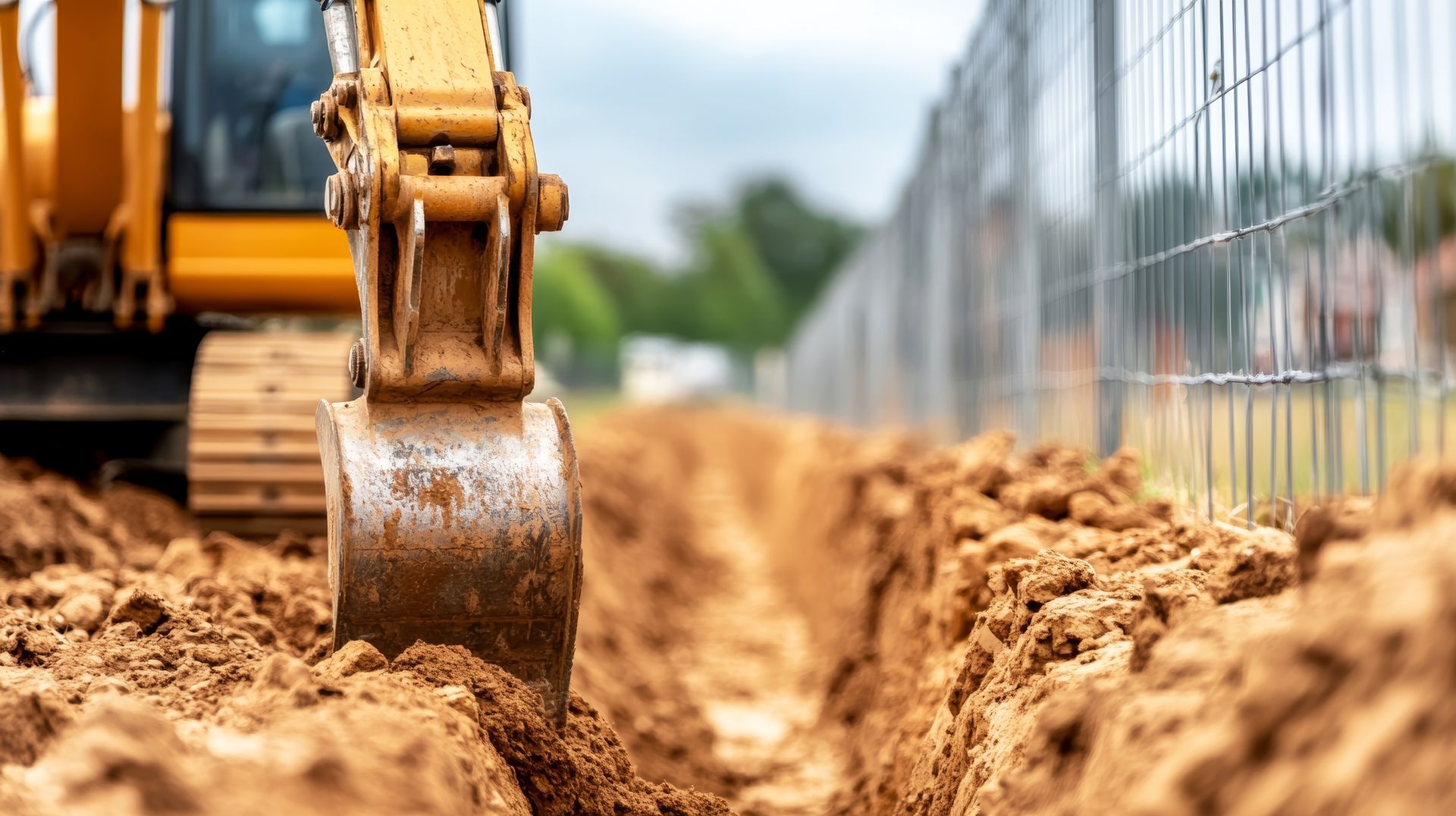 Yellow excavator digging a trench in brown earth along a fence.