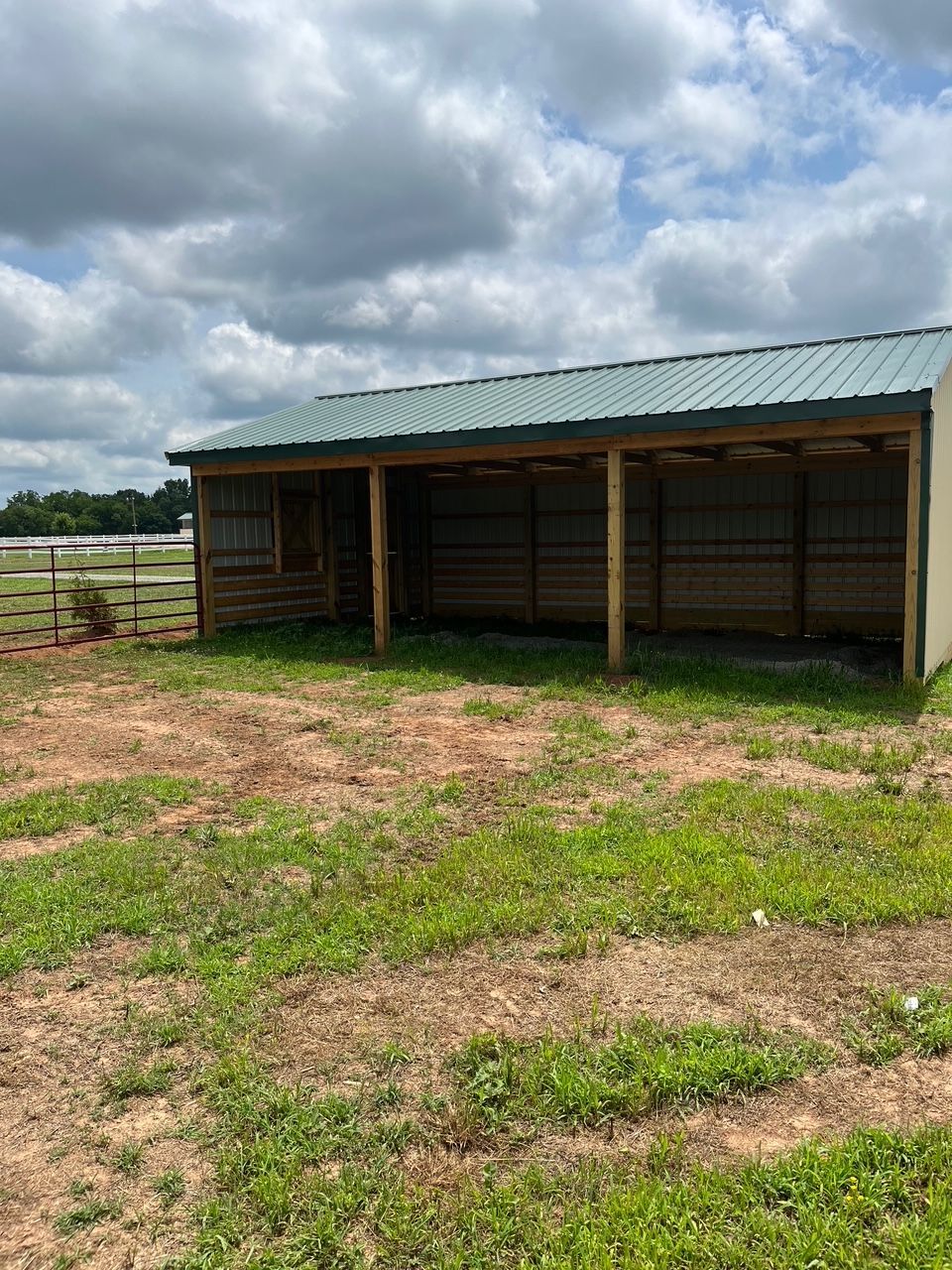 Open-sided metal barn with green roof in grassy field under cloudy sky.