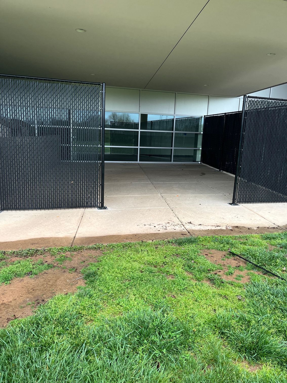 A paved area with black metal fences and a glass window building entrance, surrounded by green grass.