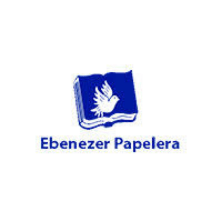 El logotipo de Ebenezer Papelera es un libro azul con un pájaro encima.