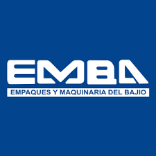 A blue and white logo for emba empaques y maquinaria del bajo