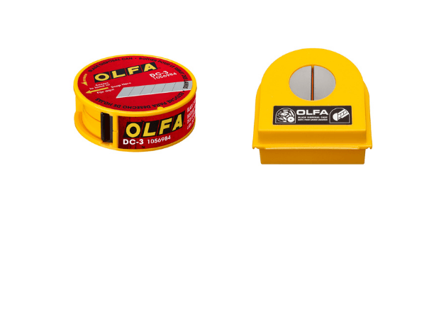 Una caja para cuchilas de desecho amarilla con la palabra olfa en ella