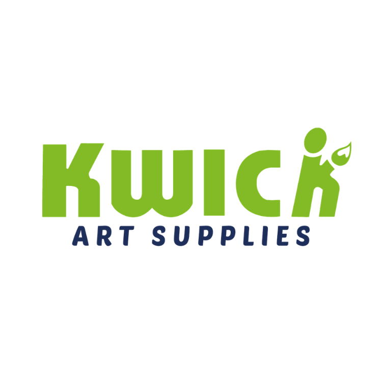 El logotipo de Kwick Art Supplies es verde y azul.