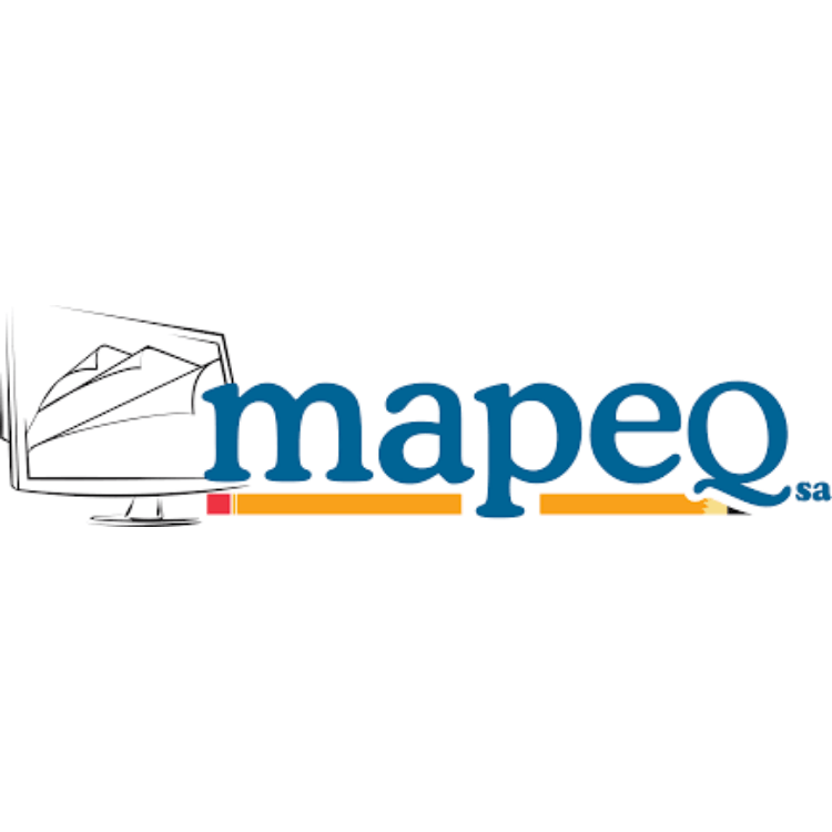 Un logotipo de Mapeq con un monitor de computadora y un lápiz.