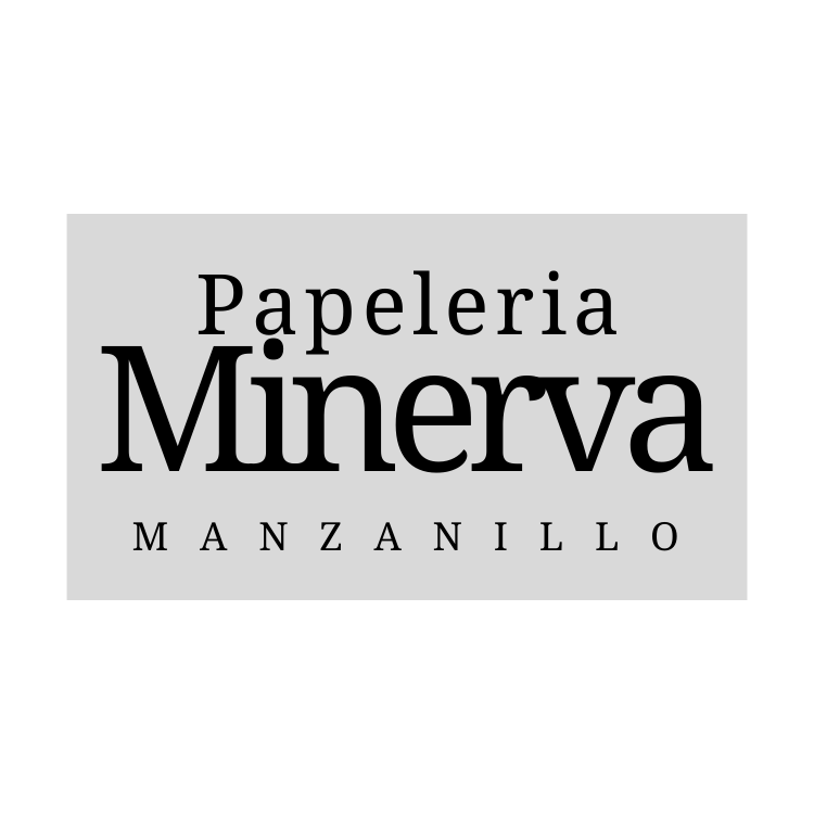 A black and white logo for papeleria minerva manzanillo