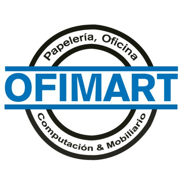 Un logotipo azul y negro para una empresa llamada Ofimart.