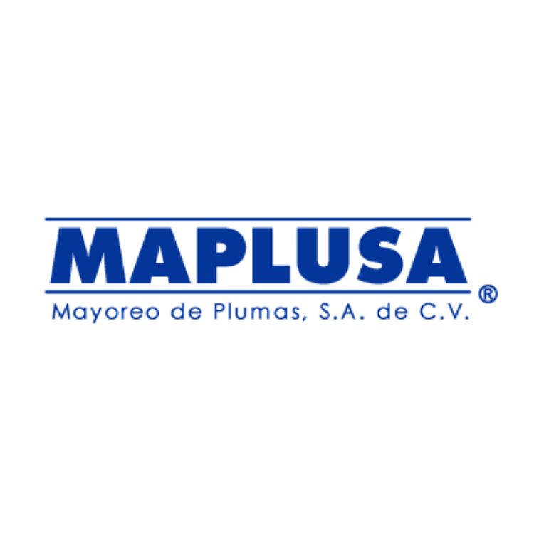 Un logo azul y blanco para mapusa mayoreo de plumas sa de cv