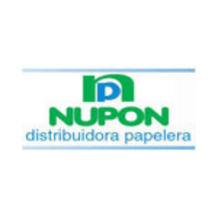 A green and blue logo for nupon distribuidora papelera